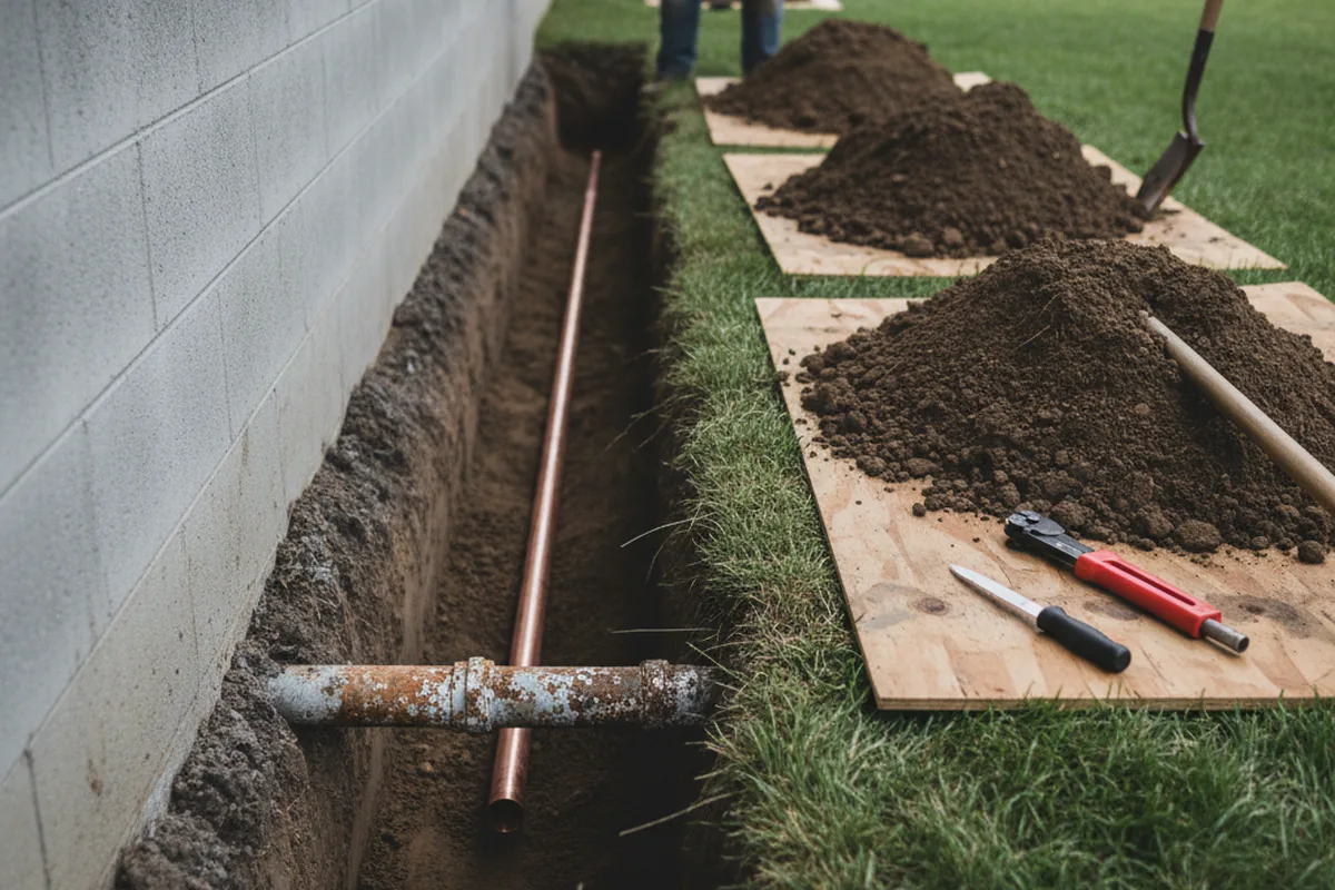 Excavated water line trench during Sewer Line Repair in Shreve